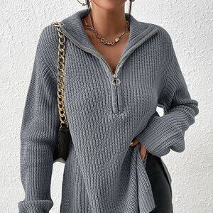 Casual Half Zip Split Hem Sweater Grey